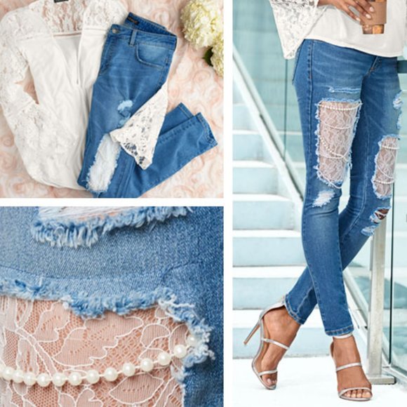 Unique Venus Lace Pearl Ripped Jeans 